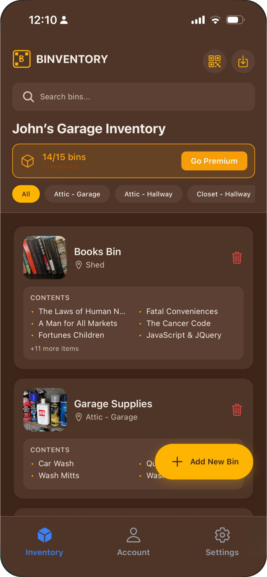 Binventory home screen